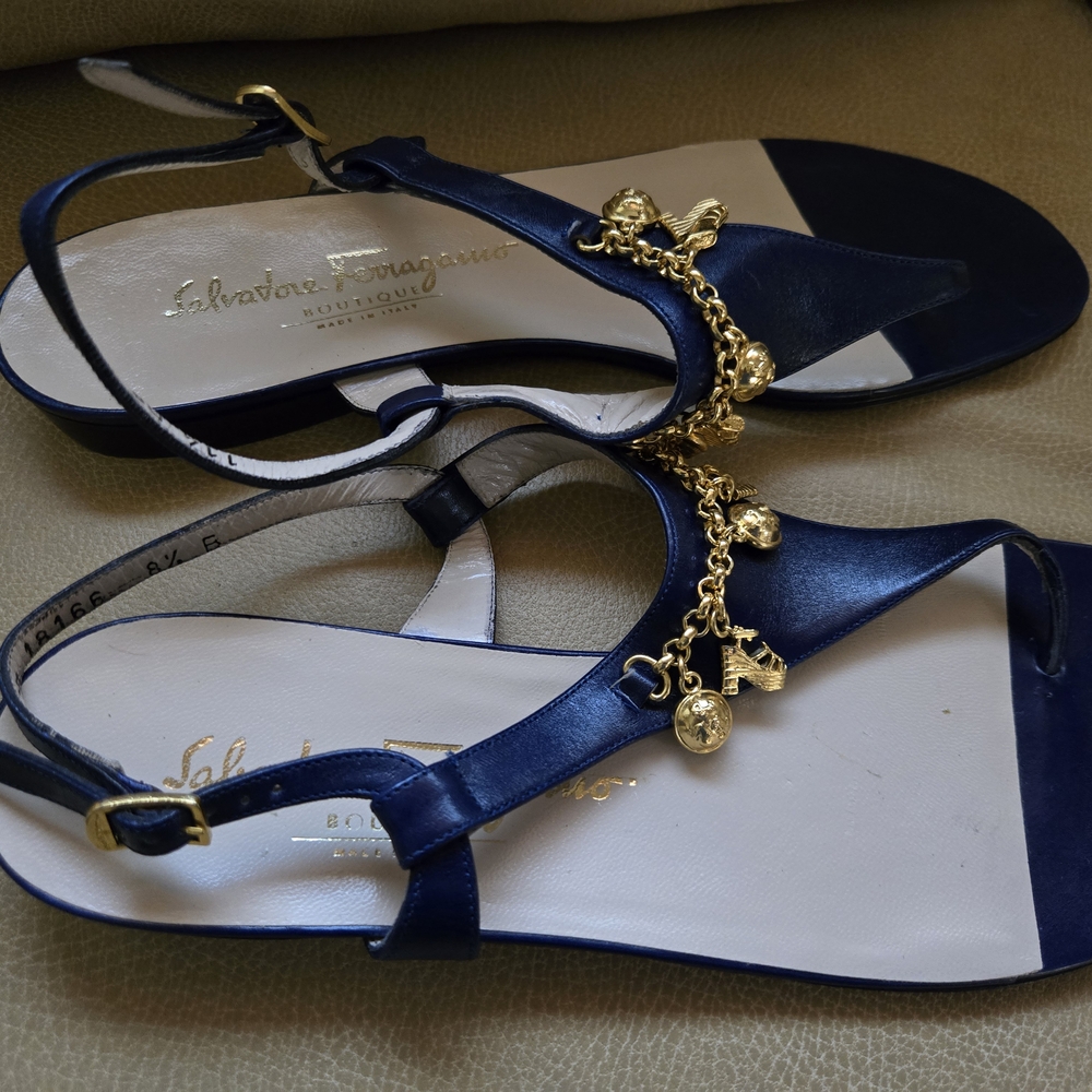 Salvatore Ferragamo Blue and Gold Sandals